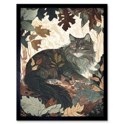 "Artery8 Wall Art Print Norwegian Forest Cat Resting Under Bush Trees Modern Art Framed in Black - Size: W12"" x H16""" - thumbnail 1