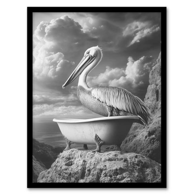 "Artery8 Pelican Bird in Bathtub Black White Cliff Surreal Framed Art Print in Grey - Size: W12"" x H16""" - image 1
