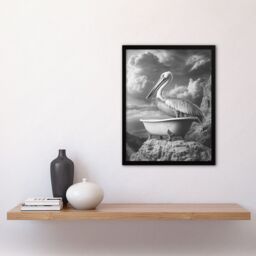 "Artery8 Pelican Bird in Bathtub Black White Cliff Surreal Framed Art Print in Grey - Size: W12"" x H16""" - thumbnail 4
