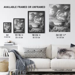 "Artery8 Pelican Bird in Bathtub Black White Cliff Surreal Framed Art Print in Grey - Size: W12"" x H16""" - thumbnail 3