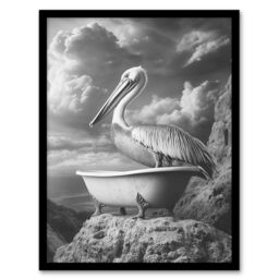 "Artery8 Pelican Bird in Bathtub Black White Cliff Surreal Framed Art Print in Grey - Size: W12"" x H16""" - thumbnail 1