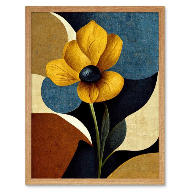 "Artery8 Wall Art Print Blue Mustard Ochre Copper Autumnal Abstract Stem Flowers Painting Art Framed in Light Oak - Size: W12"" x H16""" - image 1