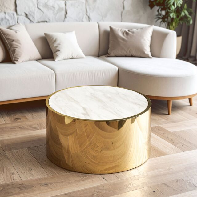 Orsina Luxury Round White Coffee Table, Marble Coffee Table, White & Gold Coffee table, Contemporary Cocktail table - image 1