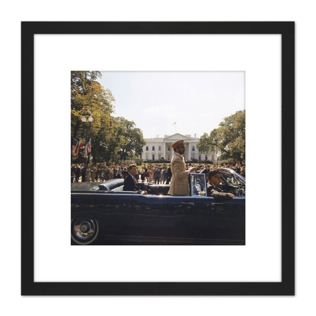 Artery8 Parade JFK Kennedy Emperor Haile Selassie Photo 8X8 Inch Square Wooden Framed Wall Art Print Picture with Mount in Black - image 1