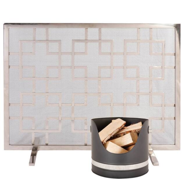 Dibor Black & Nickel Coal, Log, Kindling Bucket with Mosaic Style Firescreen - image 1