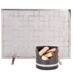 Dibor Black & Nickel Coal, Log, Kindling Bucket with Mosaic Style Firescreen - thumbnail 1