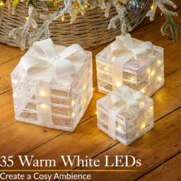 Christow Light Up Christmas Presents LED Parcels Battery Operated with Timer Set of 3 in Cream - thumbnail 2