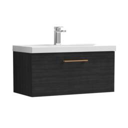Balterley 800mm Wall Hung 1 Drawer Vanity Unit, Woodgrain Black, Copper Handle in Black