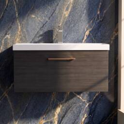 Balterley 800mm Wall Hung 1 Drawer Vanity Unit, Woodgrain Black, Copper Handle in Black - thumbnail 9