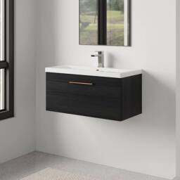 Balterley 800mm Wall Hung 1 Drawer Vanity Unit, Woodgrain Black, Copper Handle in Black - thumbnail 4