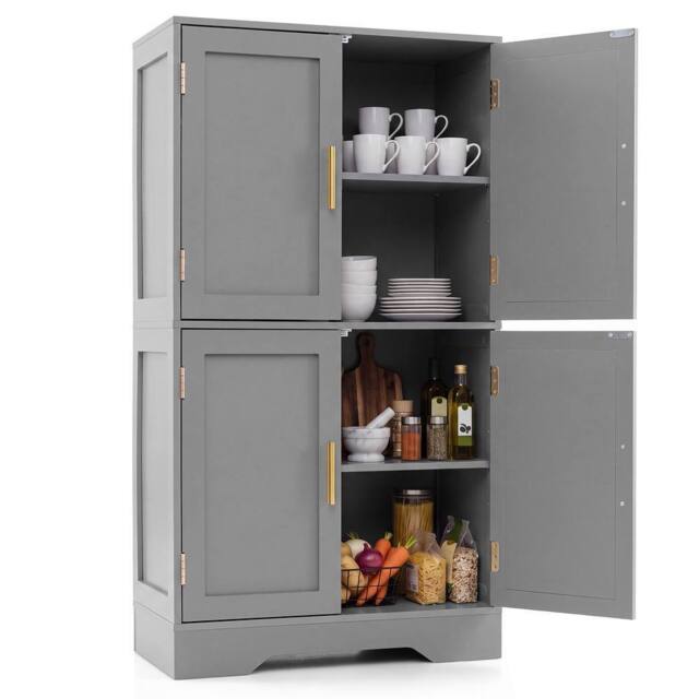 Costway Pantry Cabinet Cupboard with 4 Doors 2 Adjustable Shelves in Grey - image 1
