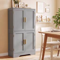 Costway Pantry Cabinet Cupboard with 4 Doors 2 Adjustable Shelves in Grey - thumbnail 6