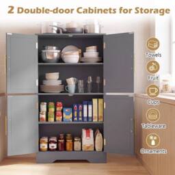 Costway Pantry Cabinet Cupboard with 4 Doors 2 Adjustable Shelves in Grey - thumbnail 3