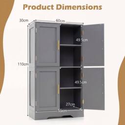 Costway Pantry Cabinet Cupboard with 4 Doors 2 Adjustable Shelves in Grey - thumbnail 2