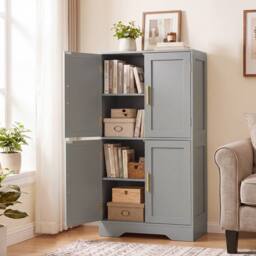 Costway Pantry Cabinet Cupboard with 4 Doors 2 Adjustable Shelves in Grey - thumbnail 8
