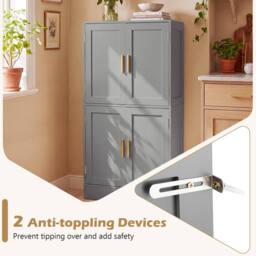 Costway Pantry Cabinet Cupboard with 4 Doors 2 Adjustable Shelves in Grey - thumbnail 4