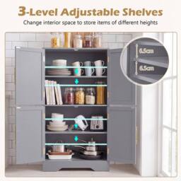 Costway Pantry Cabinet Cupboard with 4 Doors 2 Adjustable Shelves in Grey - thumbnail 5