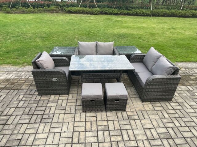 Fimous 7 Seater Lounge Rattan Sofa Set Outdoor Garden Furniture Oblong Rectangular Dining Table With Chairs 2 Small Footstools 2 Side Tables - image 1