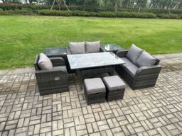 Fimous 7 Seater Lounge Rattan Sofa Set Outdoor Garden Furniture Oblong Rectangular Dining Table With Chairs 2 Small Footstools 2 Side Tables - thumbnail 2