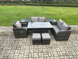 Fimous 7 Seater Lounge Rattan Sofa Set Outdoor Garden Furniture Oblong Rectangular Dining Table With Chairs 2 Small Footstools 2 Side Tables - thumbnail 1