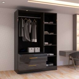 MN Furniture Cairo High Gloss 3 Door Hinged Wardrobe with Mirror 116cm in Black - thumbnail 4