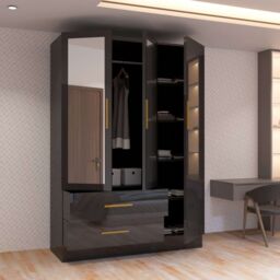 MN Furniture Cairo High Gloss 3 Door Hinged Wardrobe with Mirror 116cm in Black - thumbnail 3