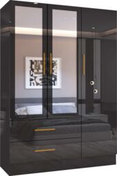 MN Furniture Cairo High Gloss 3 Door Hinged Wardrobe with Mirror 116cm in Black - thumbnail 2