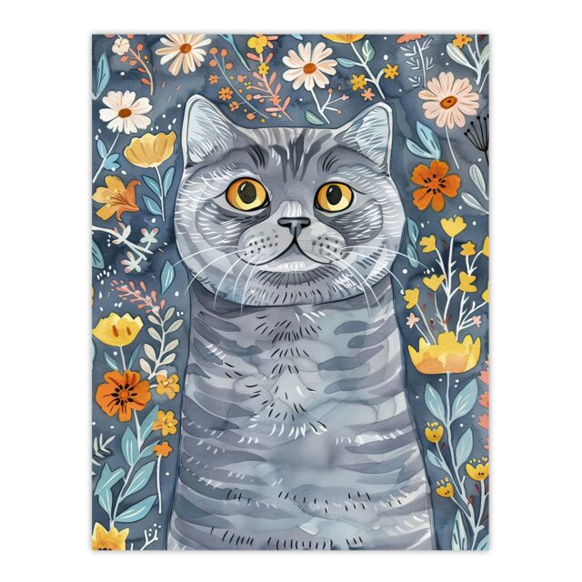 "Artery8 Cute Blue British Shorthair Cat Lover Floral Pet Wall Art Print - Size: W18"" x H24""" - image 1