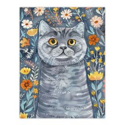 "Artery8 Cute Blue British Shorthair Cat Lover Floral Pet Wall Art Print - Size: W18"" x H24""" - thumbnail 1