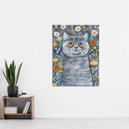 "Artery8 Cute Blue British Shorthair Cat Lover Floral Pet Wall Art Print - Size: W18"" x H24""" - thumbnail 4