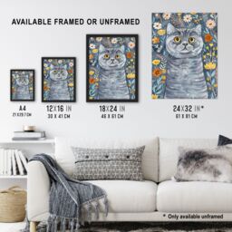 "Artery8 Cute Blue British Shorthair Cat Lover Floral Pet Wall Art Print - Size: W18"" x H24""" - thumbnail 3