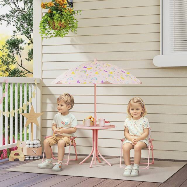 AIYAPLAY Kids Garden Table & Chair Set, Outdoor Patio Set w/ Parasol in Pink - image 1