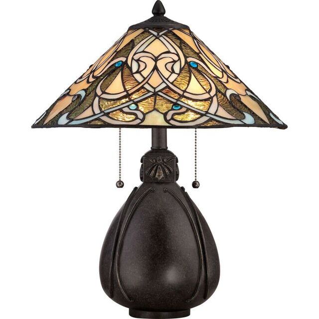 Loops 2 Bulb Twin Table Lamp Tiffany Glass Bulbous Base Imperial Bronze LED E27 75W in Clear