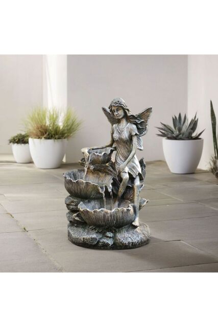 Garden Sanctuary Resin Solar Powered Outdoor Fairy Water Fountain in Grey