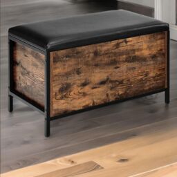 Rafaelo Mobilia Industrial Rustic Brown Shoe Storage Bench With Cushioned Seat & Hidden Storage in Dark Brown