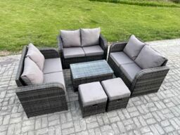 Fimous Outdoor Garden Furniture Sets 8 Seater Wicker Rattan Furniture Sofa Sets with Rectangular Coffee Table Love Sofa 2 Small Footstool in Dark Grey - thumbnail 2