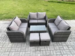 Fimous Outdoor Garden Furniture Sets 8 Seater Wicker Rattan Furniture Sofa Sets with Rectangular Coffee Table Love Sofa 2 Small Footstool in Dark Grey - thumbnail 1