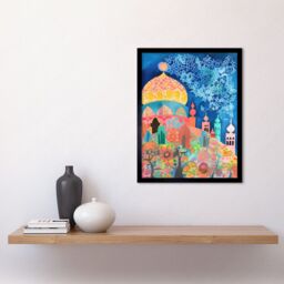 "Artery8 Wall Art Print Islamic Mosque At Night Folk Art Watercolour Painting Art Framed in Black - Size: W12"" x H16""" - thumbnail 2