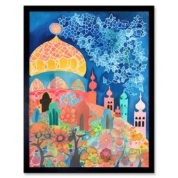 "Artery8 Wall Art Print Islamic Mosque At Night Folk Art Watercolour Painting Art Framed in Black - Size: W12"" x H16""" - thumbnail 1