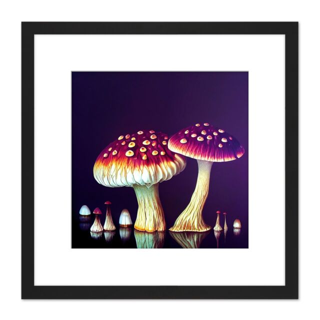 Artery8 Mushroom Purple Yellow Fungi Study Illustration Square Wooden Framed Wall Art Print Picture 8X8 Inch in Black - image 1