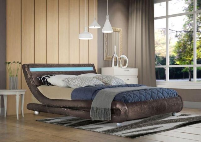Comfy Living Ltd Modern Curved Crushed Velvet Bedframe With LED Strip in Dark Brown - Size: King