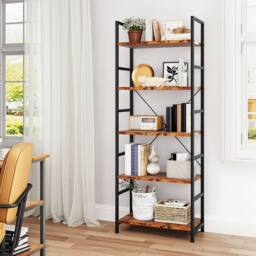 Levede 5 Tier Ladder Bookcase Metal & Wood Heavy Duty Display Shelf in Brown - thumbnail 2