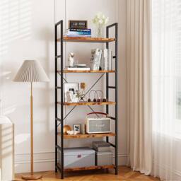 Levede 5 Tier Ladder Bookcase Metal & Wood Heavy Duty Display Shelf in Brown - thumbnail 1