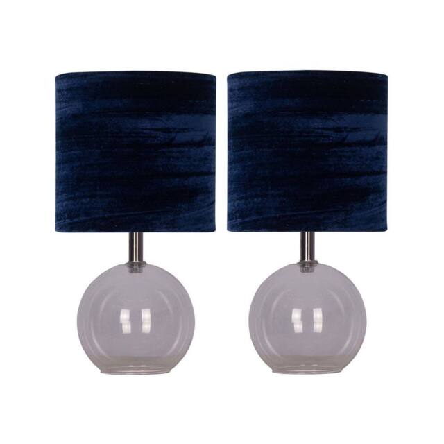 First Choice Lighting Set of 2 Buck - Clear Glass Table Lamps with Navy Blue Velvet Shade - image 1