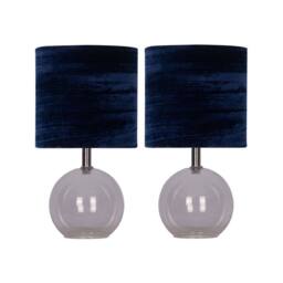 First Choice Lighting Set of 2 Buck - Clear Glass Table Lamps with Navy Blue Velvet Shade - thumbnail 1