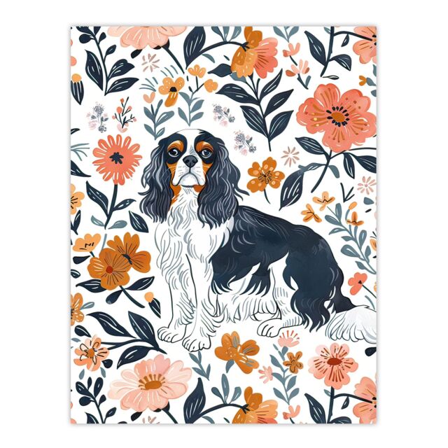 "Artery8 Cavalier King Charles Spaniel in Floral Pattern Wall Art Print - Size: W12"" x H16""" - image 1