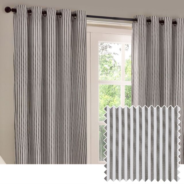 Yard Hebden Striped 100% Cotton Lined Eyelet Curtain Pair in Grey - Size: 117 cm width x 183 cm drop - image 1