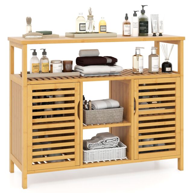 Costway Bamboo Bathroom Cabinet 2-Door Storage Organizer with Shelves in Natural - image 1