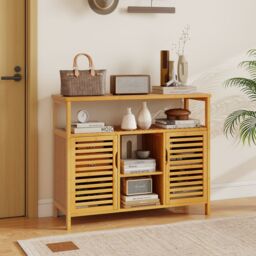 Costway Bamboo Bathroom Cabinet 2-Door Storage Organizer with Shelves in Natural - thumbnail 7