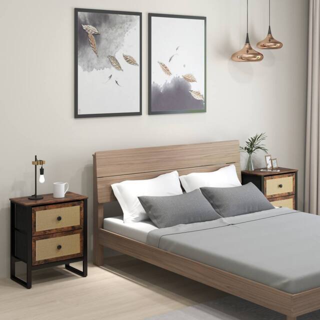 HOMCOM Side Table Set of 2 with Rattan Drawers & Steel Legs, Rustic Brown - Size: 2 Pack - image 1